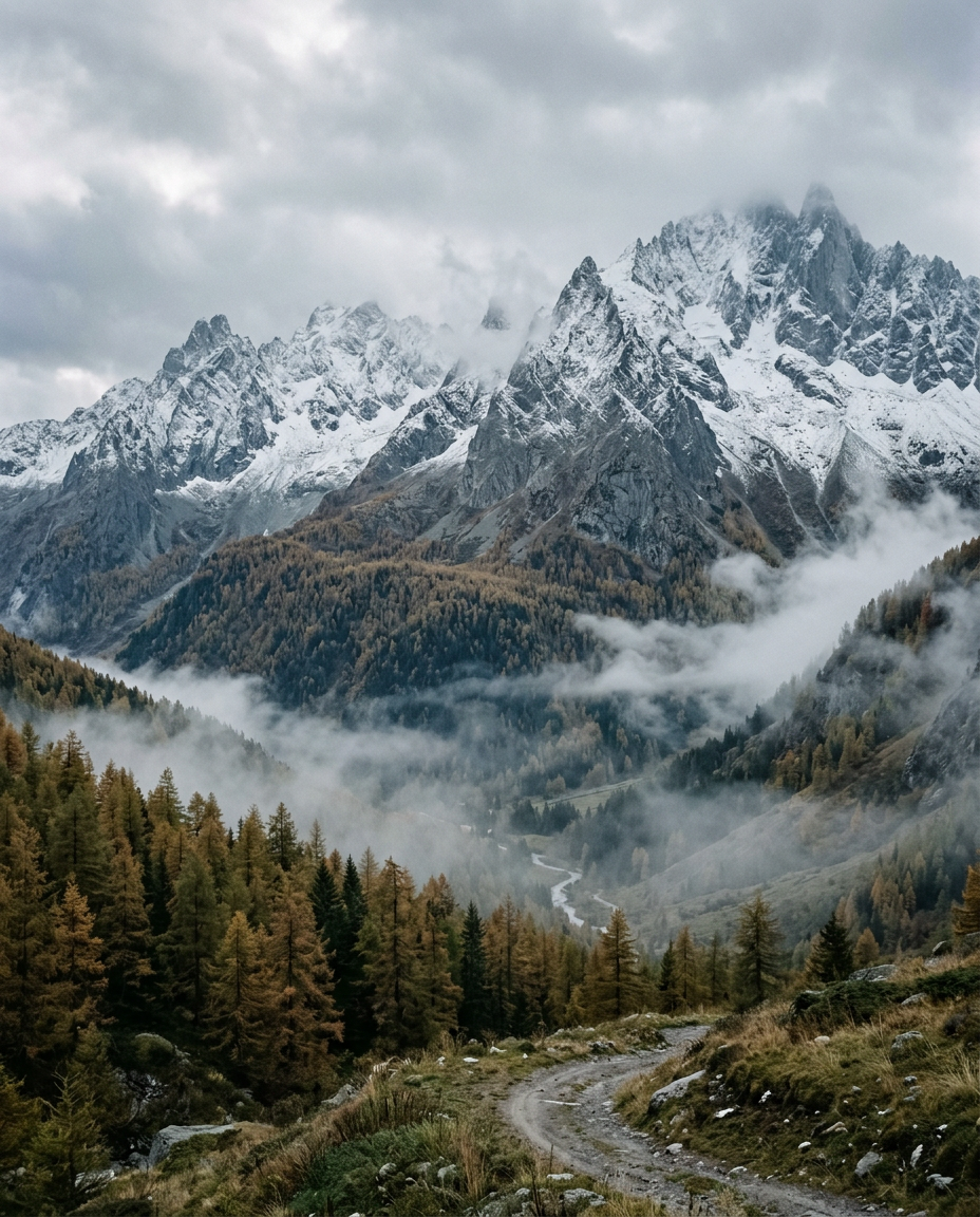 Snow-dusted Alpine peaks above larch forest and valley mist. Generated image.