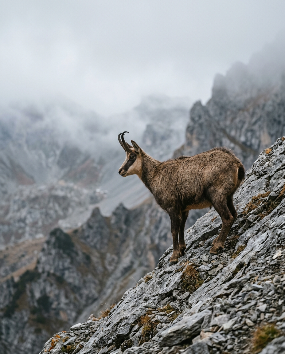 An Alpine chamois standing on a steep grey rock slope. Generated image.