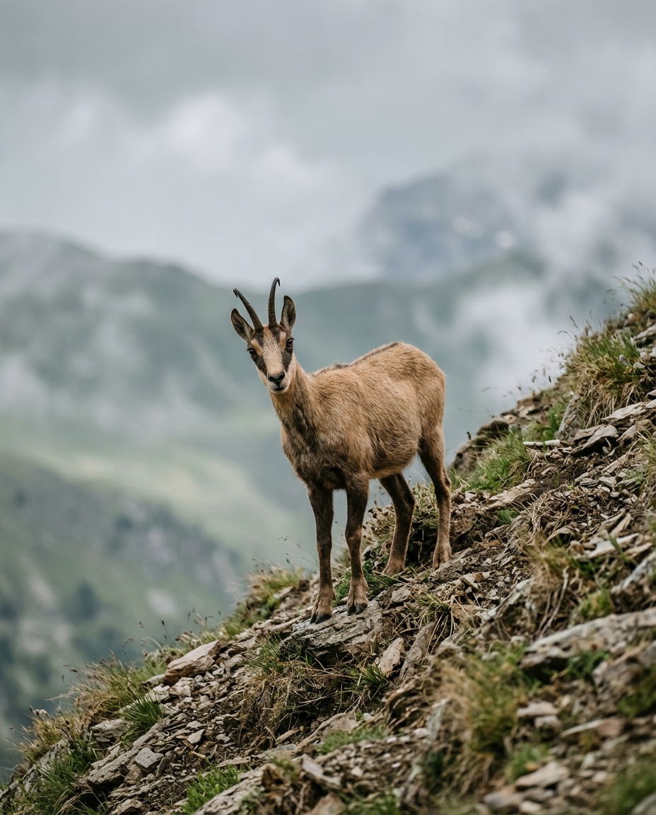 A Pyrenean isard on a grassy, rocky slope. Generated image.