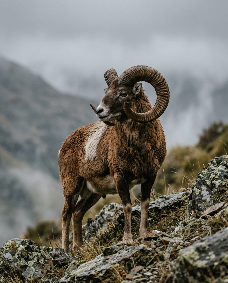 A mouflon ram with curled horns on a rocky hillside. Generated image.
