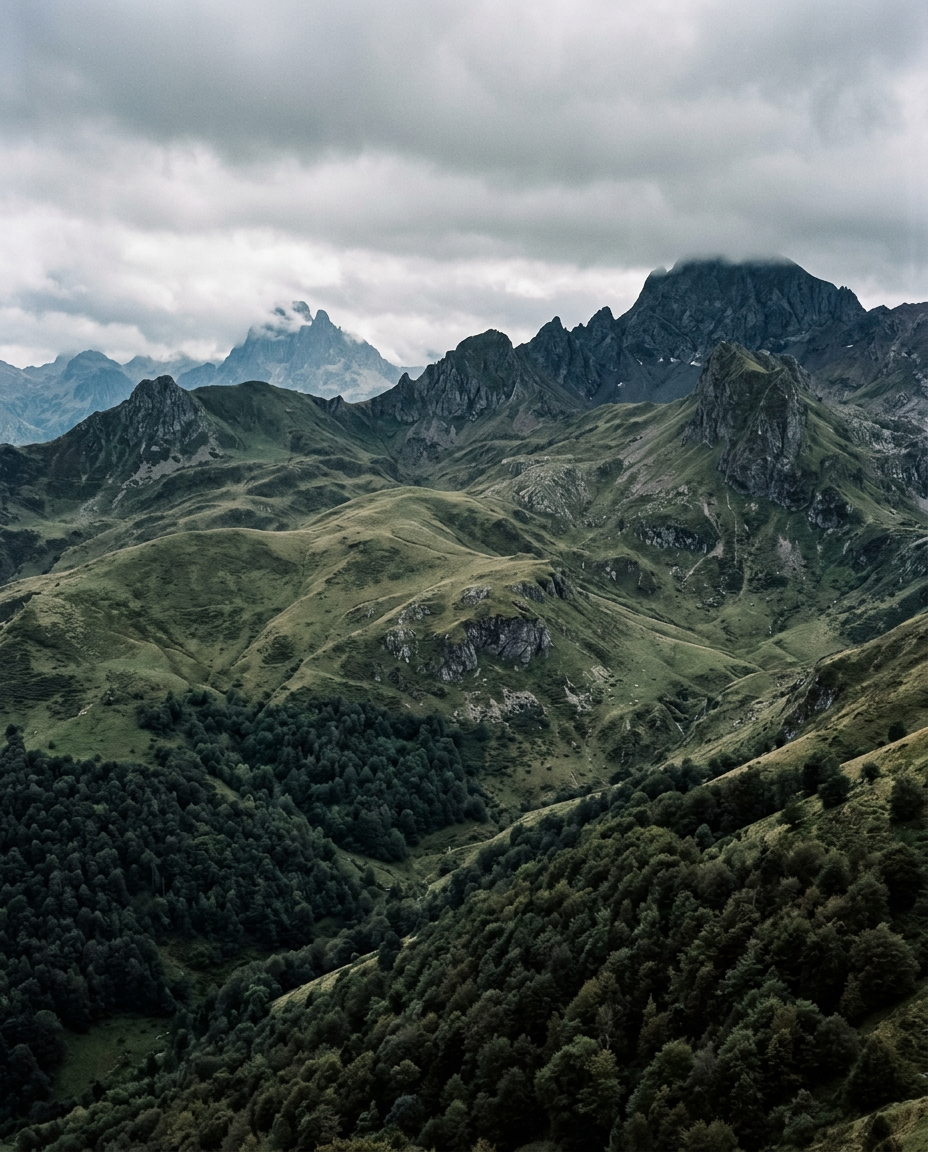Green Pyrenean pastures and dark crests under low cloud. Generated image.